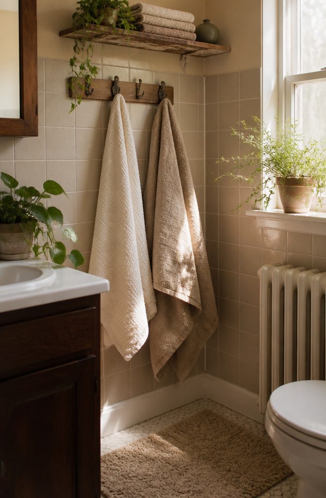 A collection of textured towels arranged in a rental bathroom.