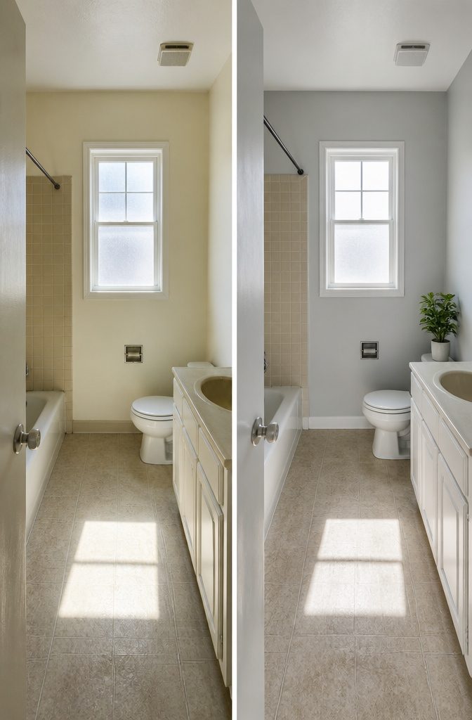 A rental bathroom featuring light gray and cream walls.
