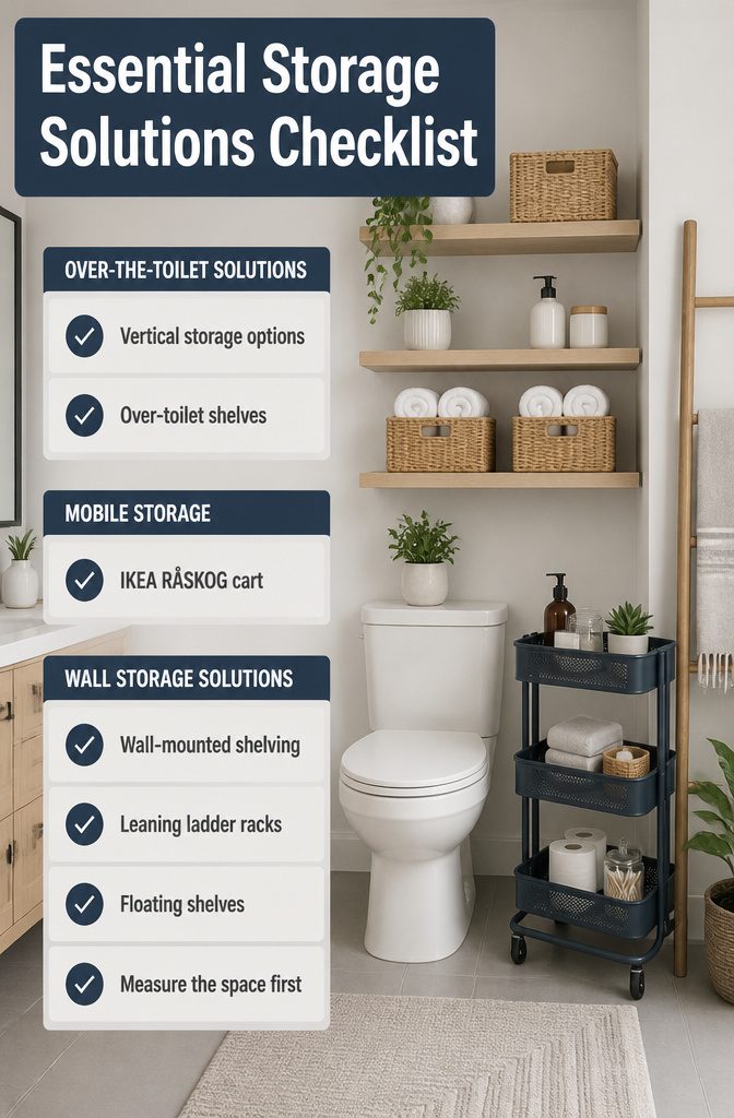 A checklist of essential storage solutions for a rental bathroom.
