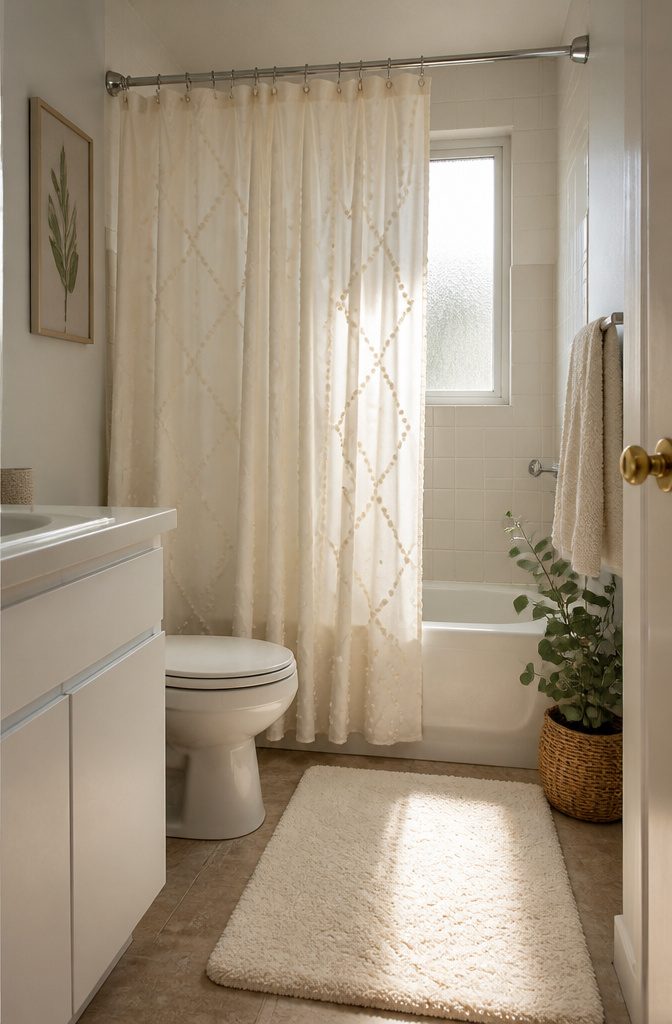 A rental bathroom with a heavy cotton shower curtain and cream mat.