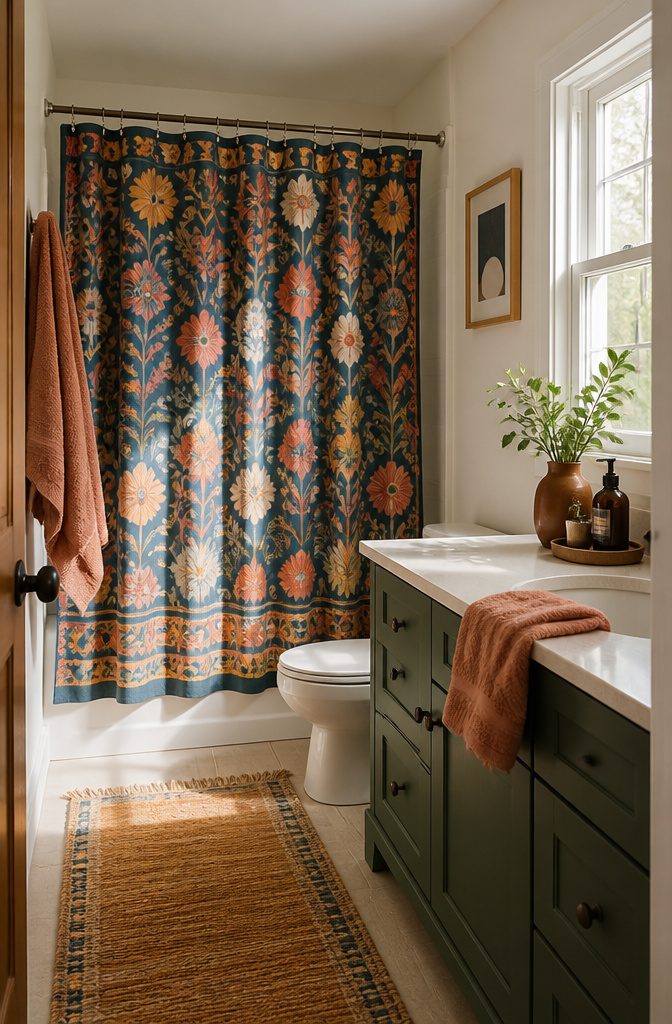 A rental bathroom showcasing a bold patterned shower curtain and towels.