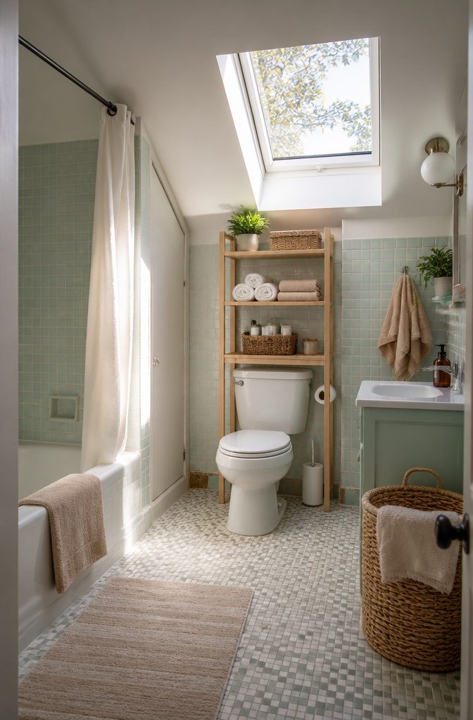 A rental bathroom showing vertical storage options above the toilet.