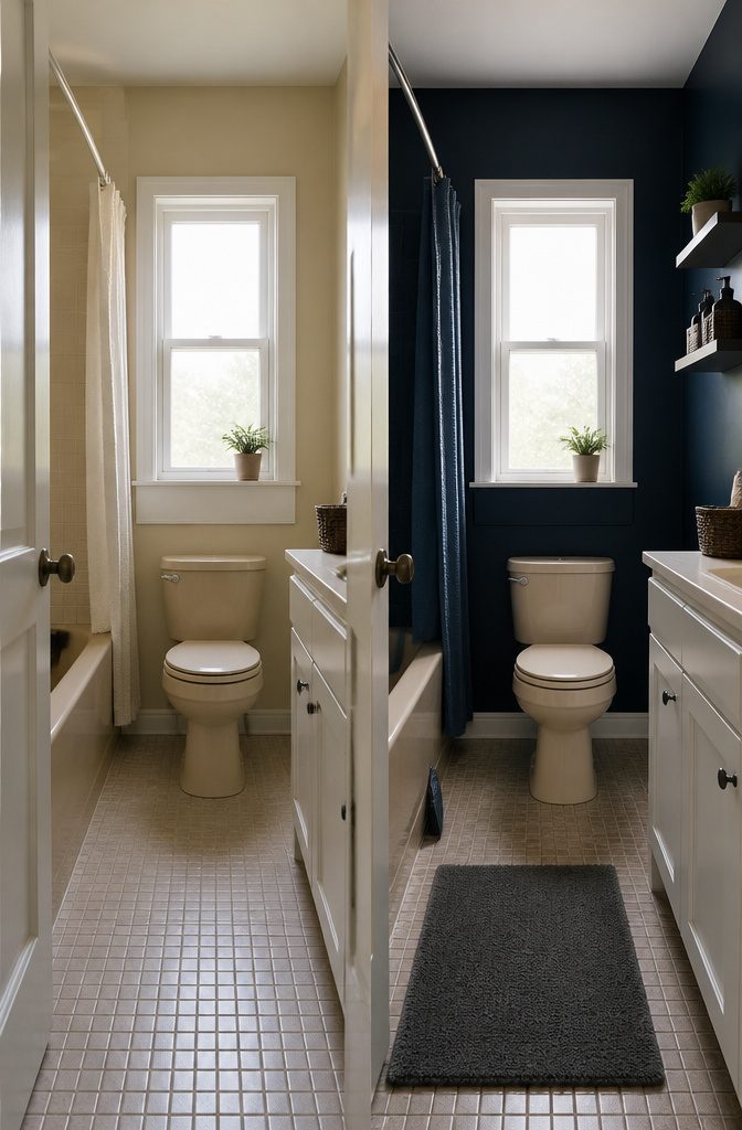 A rental bathroom with deep navy walls and beige fixtures.