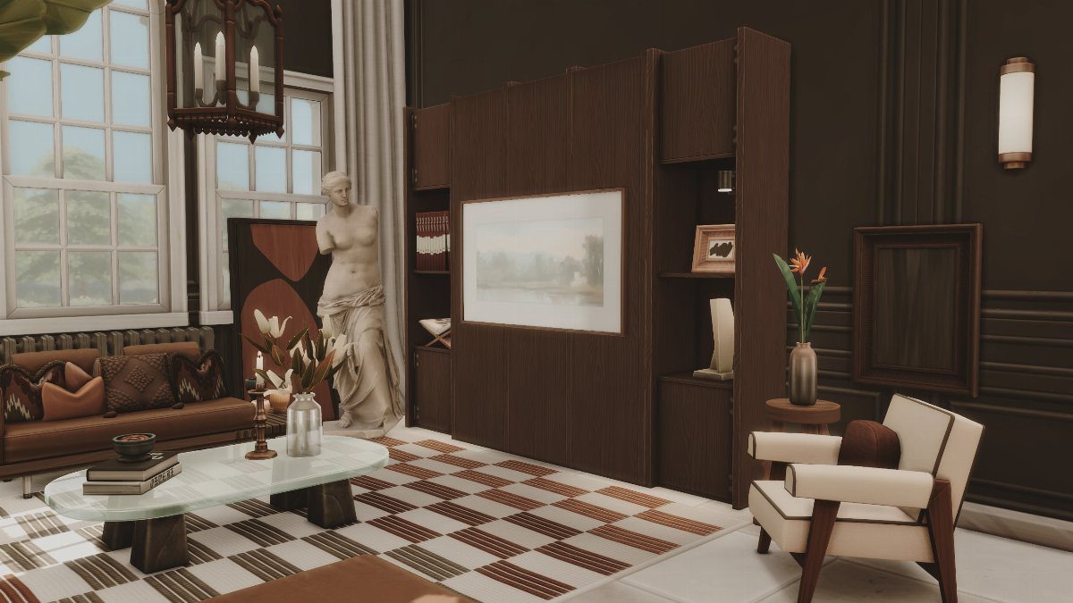 Sims 4 Living Room Ideas No CC: 5 Stunning Designs to Try 5 Sims 4 living room with brown leather sofa, checkered rug, and dark wood cabinetry.