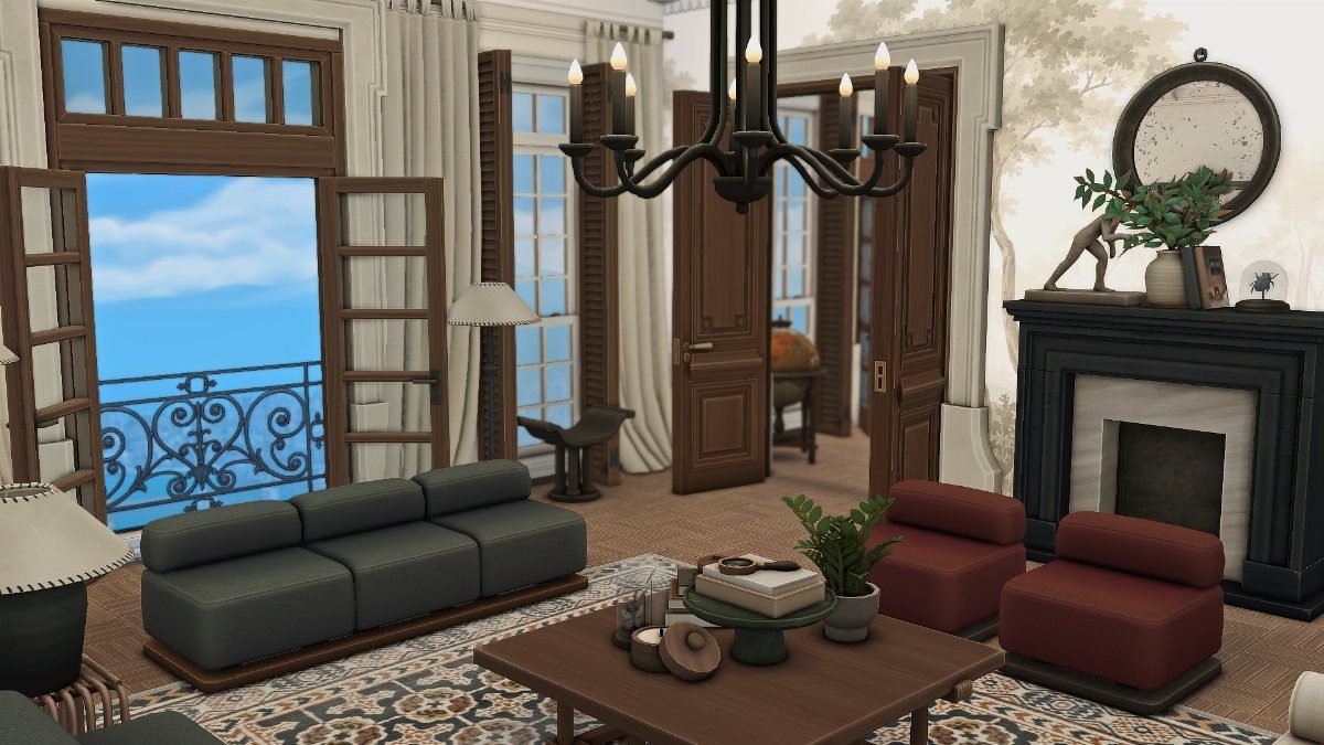 Sims 4 Living Room Ideas No CC: 5 Stunning Designs to Try 6 Sims 4 living room with grey sofa, red chairs, and ornate chandelier.