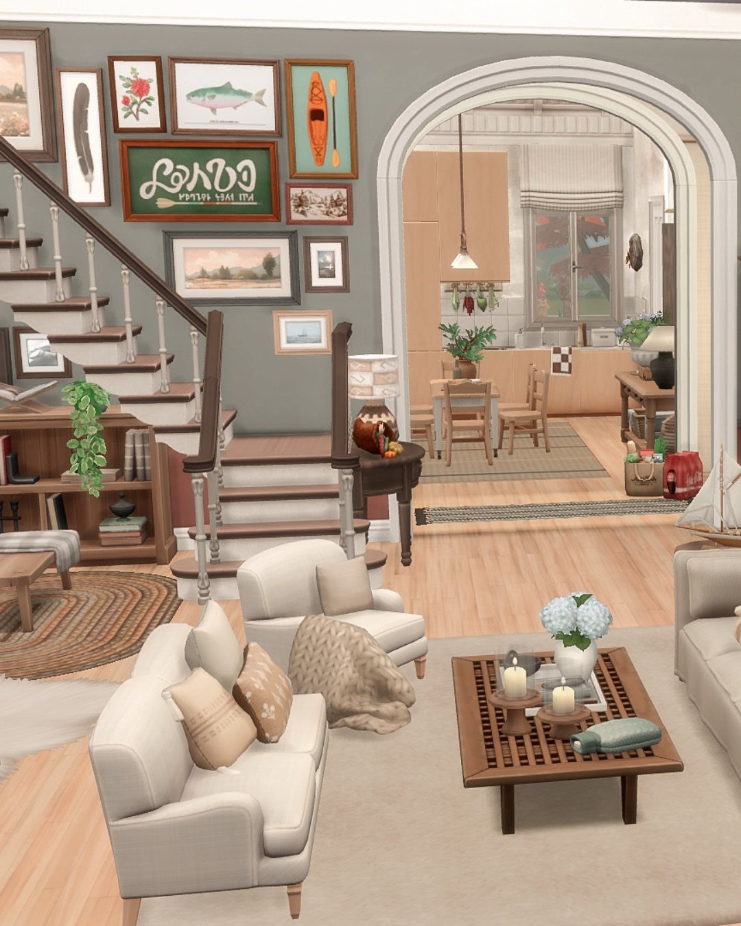 Sims 4 Living Room Ideas No CC: 5 Stunning Designs to Try 4 Cozy living room with cream armchairs, wooden coffee table, and art-filled grey wall.