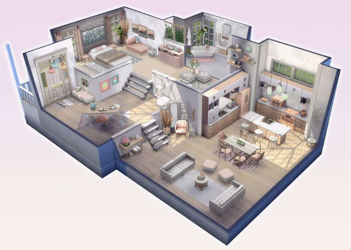 Sims 4 Living Room Ideas No CC: 5 Stunning Designs to Try 2 Multi-level modern apartment interior with grey sofas, white kitchen, and lofted bedroom area.