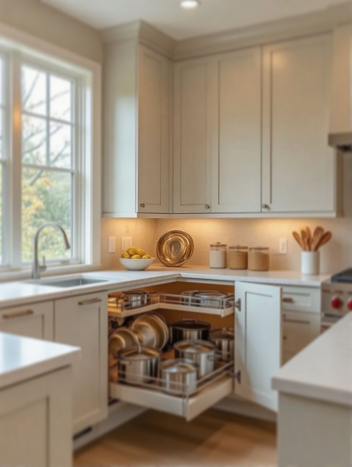 19 Small Kitchen Reno Ideas That Maximize Every Inch 7 Corner kitchen cabinet with a pull-out rotating shelf holding stainless steel pots and pans.