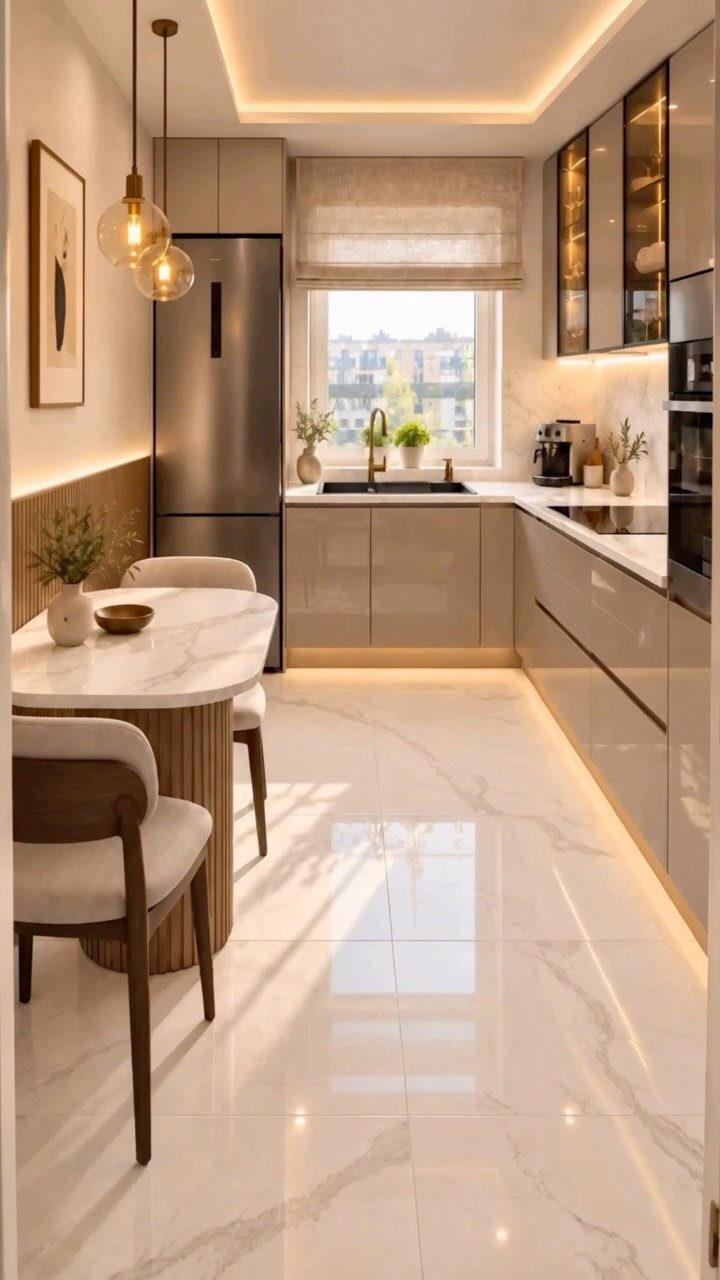 19 Small Kitchen Reno Ideas That Maximize Every Inch 4 Narrow galley kitchen with beige cabinets, marble floors, and a small dining table.