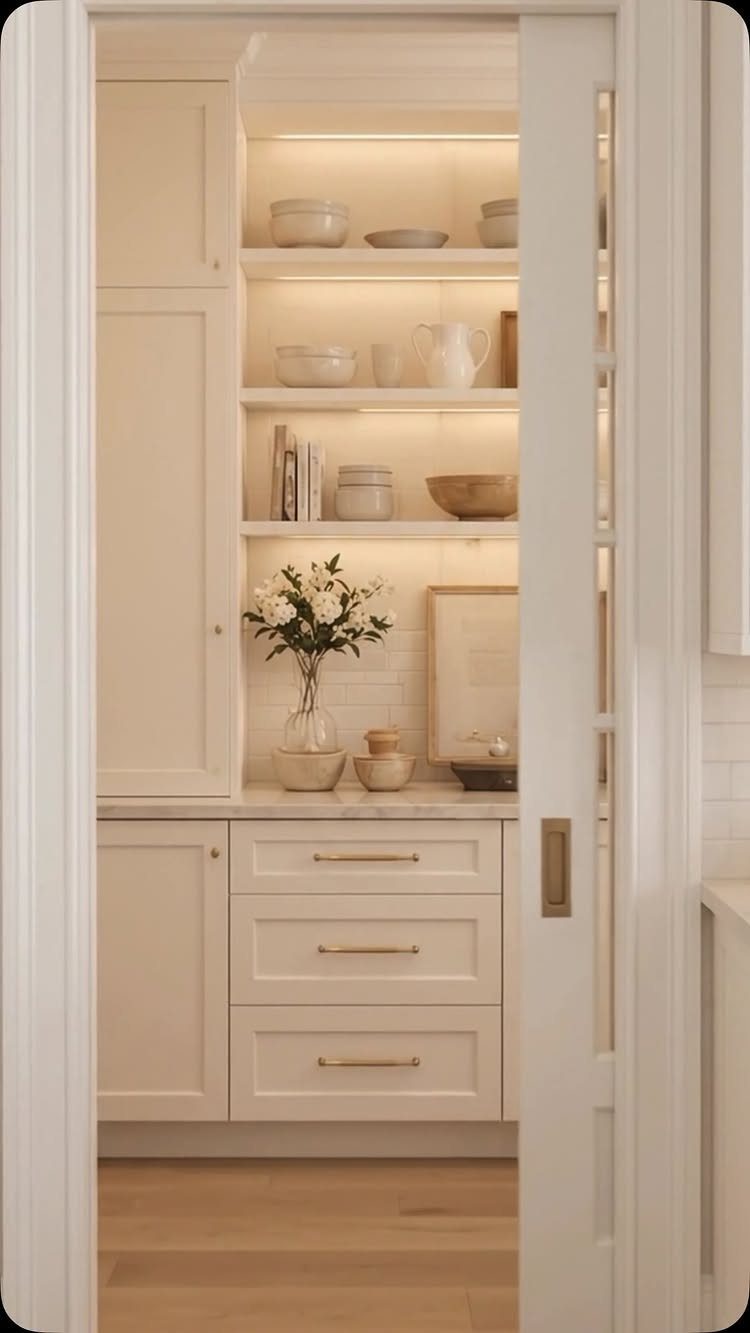 19 Small Kitchen Reno Ideas That Maximize Every Inch 2 Off-white kitchen cabinets and open shelving with gold hardware and white ceramics.