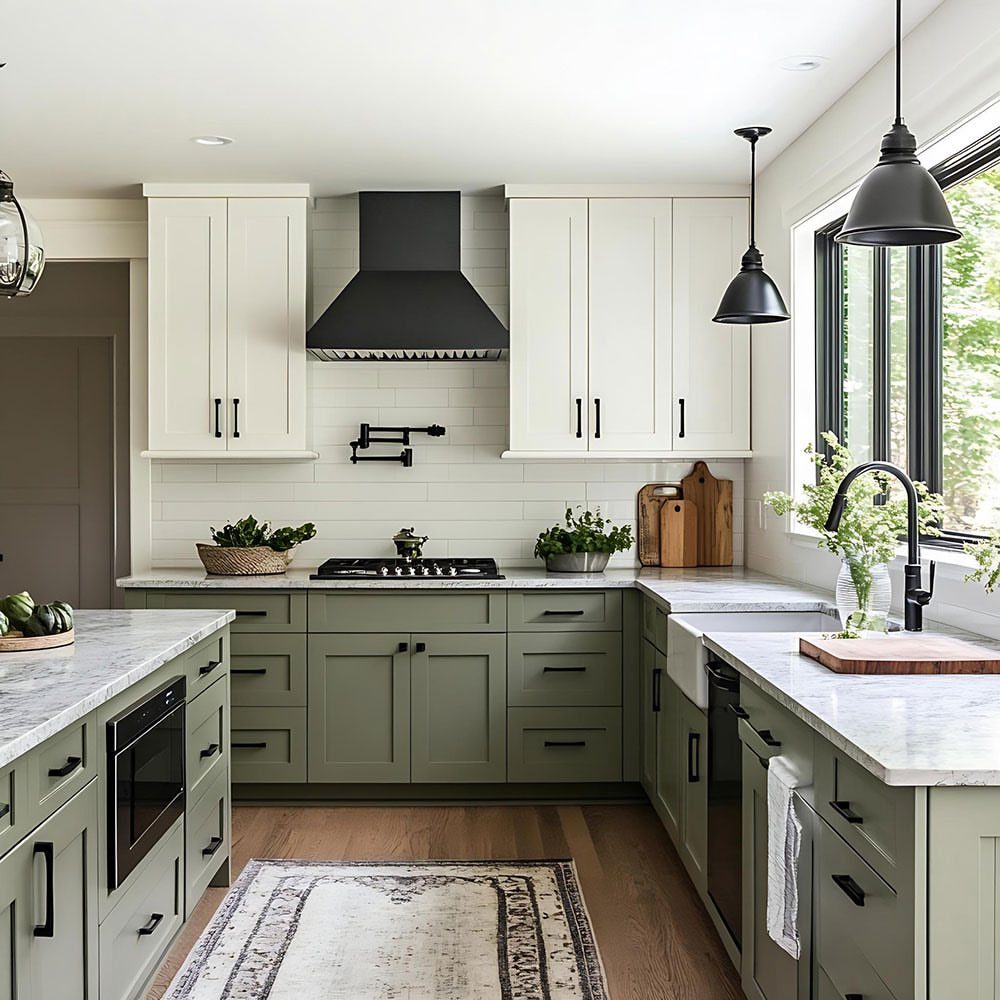 19 Small Kitchen Reno Ideas That Maximize Every Inch 11 Kitchen with white upper cabinets and sage green lower cabinets with marble countertops.