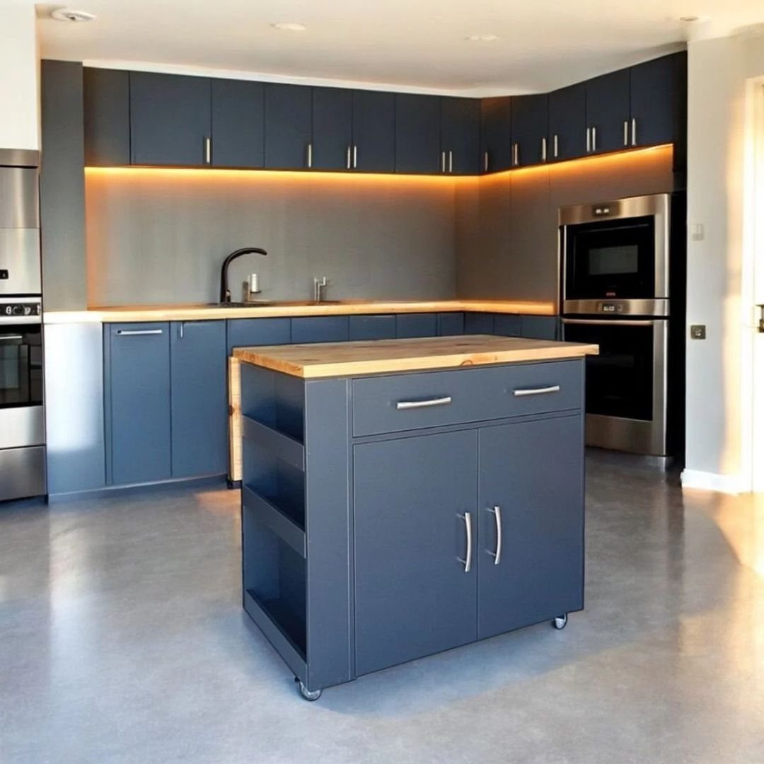 19 Small Kitchen Reno Ideas That Maximize Every Inch 10 Dark blue mobile kitchen island with wooden top and wheels in modern kitchen