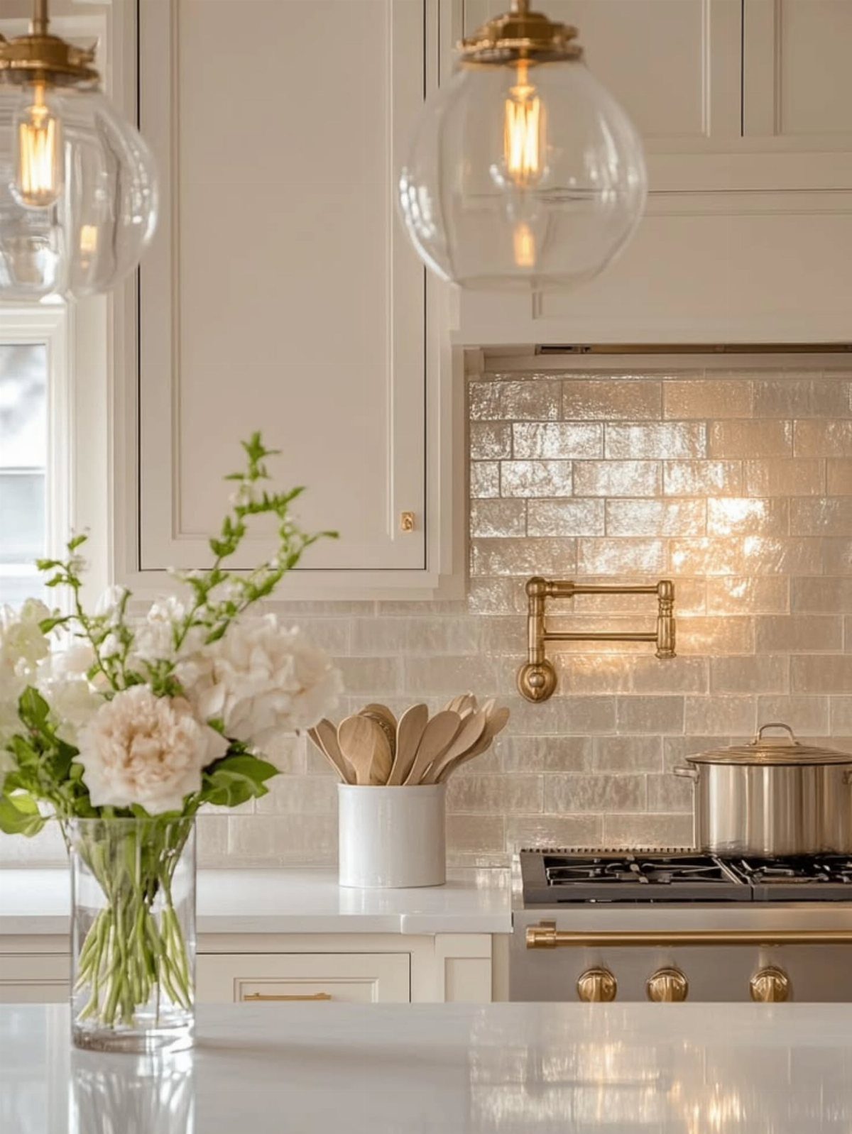 19 Small Kitchen Reno Ideas That Maximize Every Inch 9 Reflective light stone tile backsplash in a bright kitchen with white cabinets and flowers.