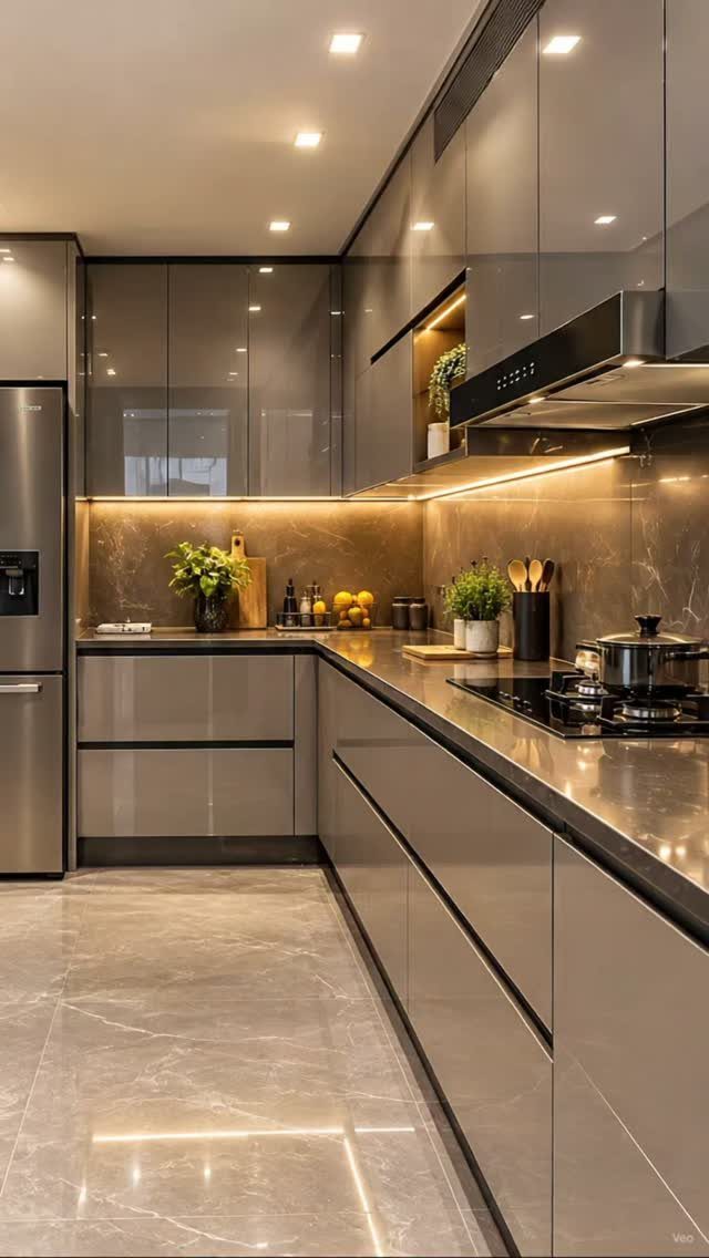 19 Small Kitchen Reno Ideas That Maximize Every Inch 5 Modern kitchen with glossy taupe cabinets, dark stone countertops, and warm under-cabinet lighting.