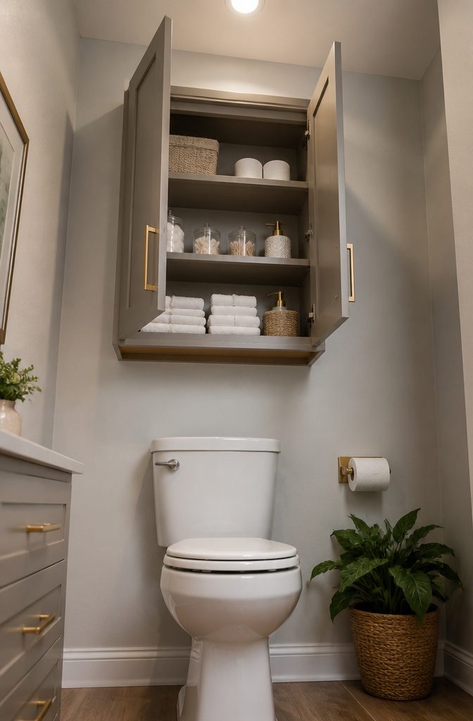 Shelves above a toilet holding bathroom essentials.
