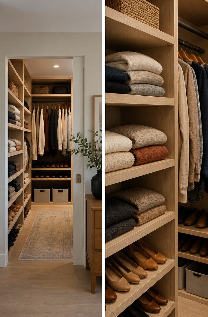 A closet with shelves and hanging clothes demonstrating depth.