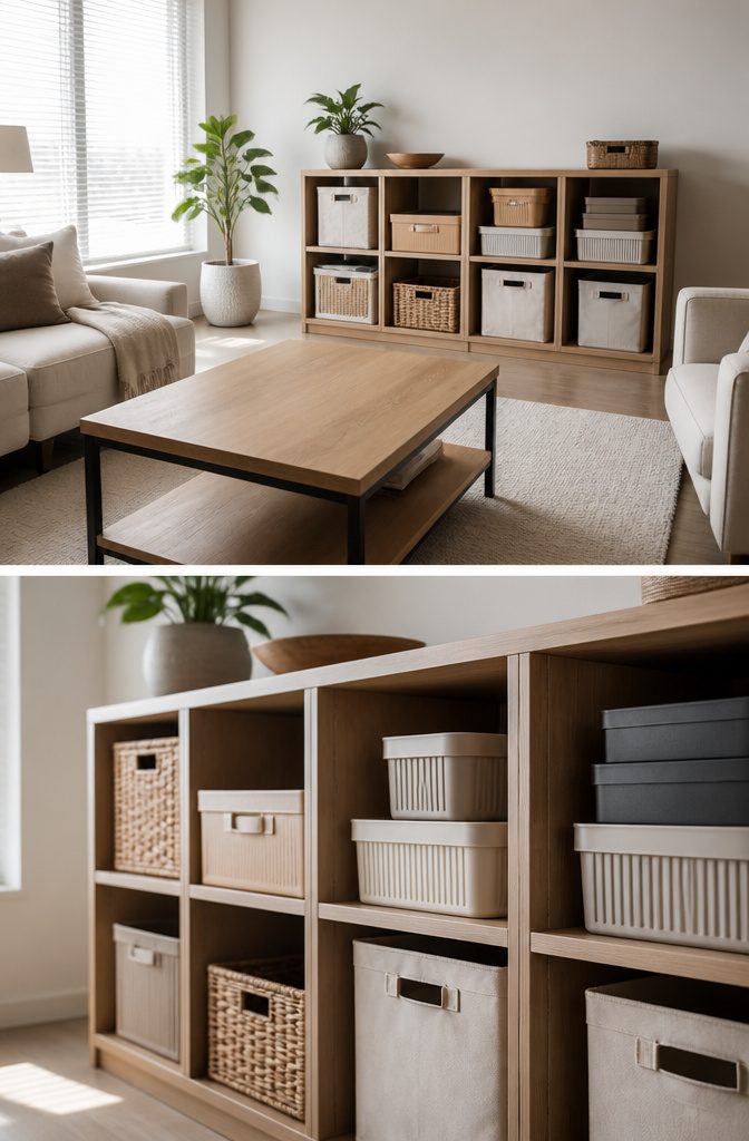 A person sorting through items to declutter a small space.