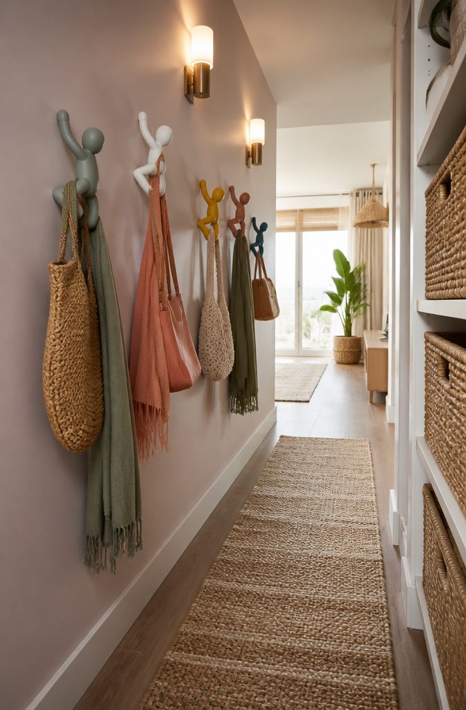 Chic wall hooks shaped like figures displaying bags and scarves.