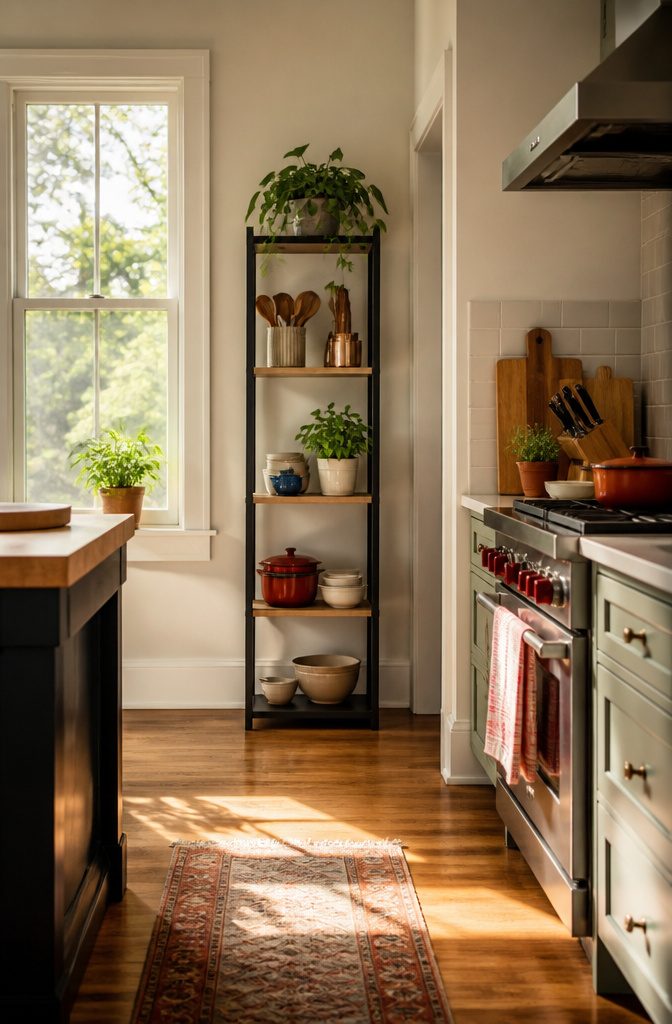 A kitchen island with open storage and ample walk space.
