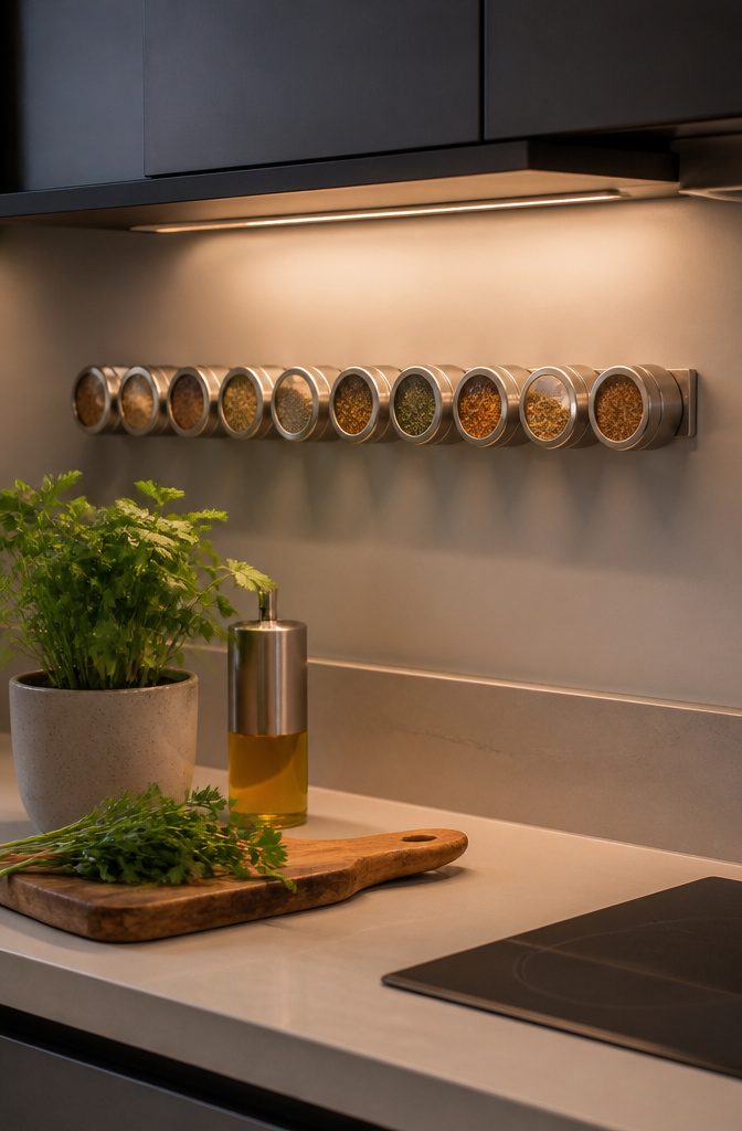 A magnetic strip with metallic spice tins on a kitchen wall.