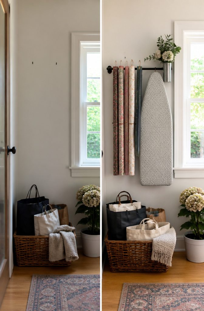 A curtain rod mounted on the wall holding wrapping paper rolls.