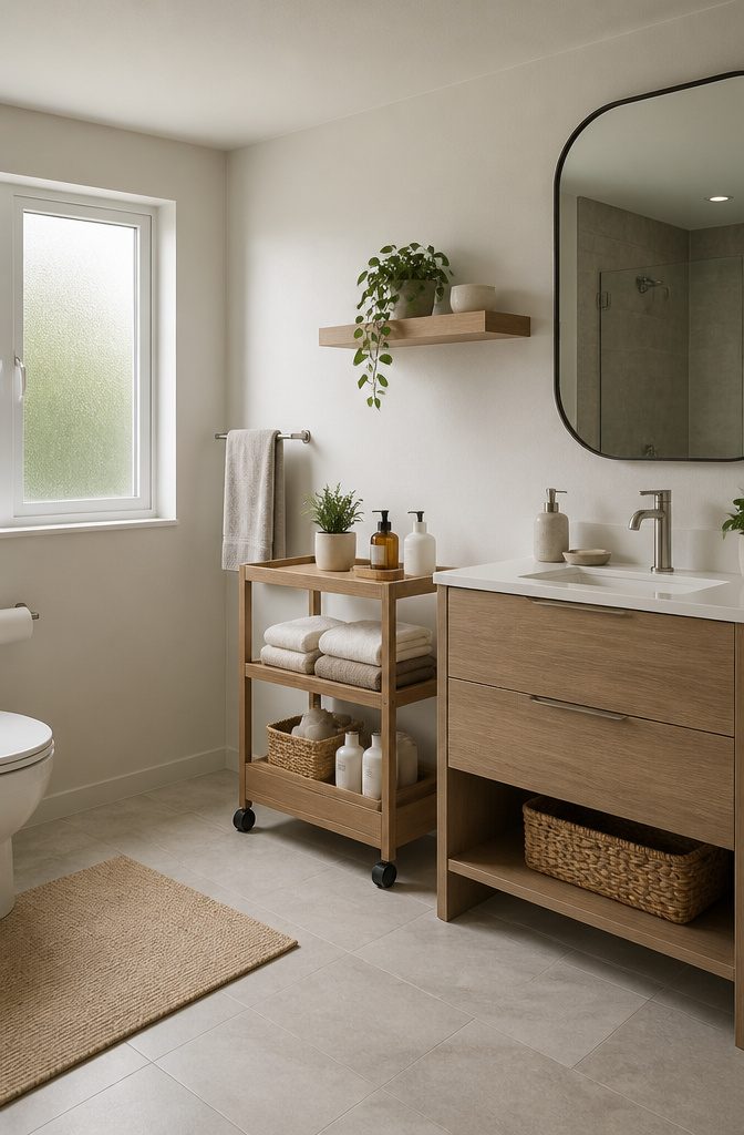 A rolling storage cart positioned between a sink and toilet.