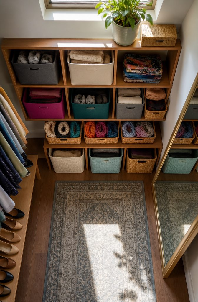An open basket holding rolled scarves on a closet shelf.