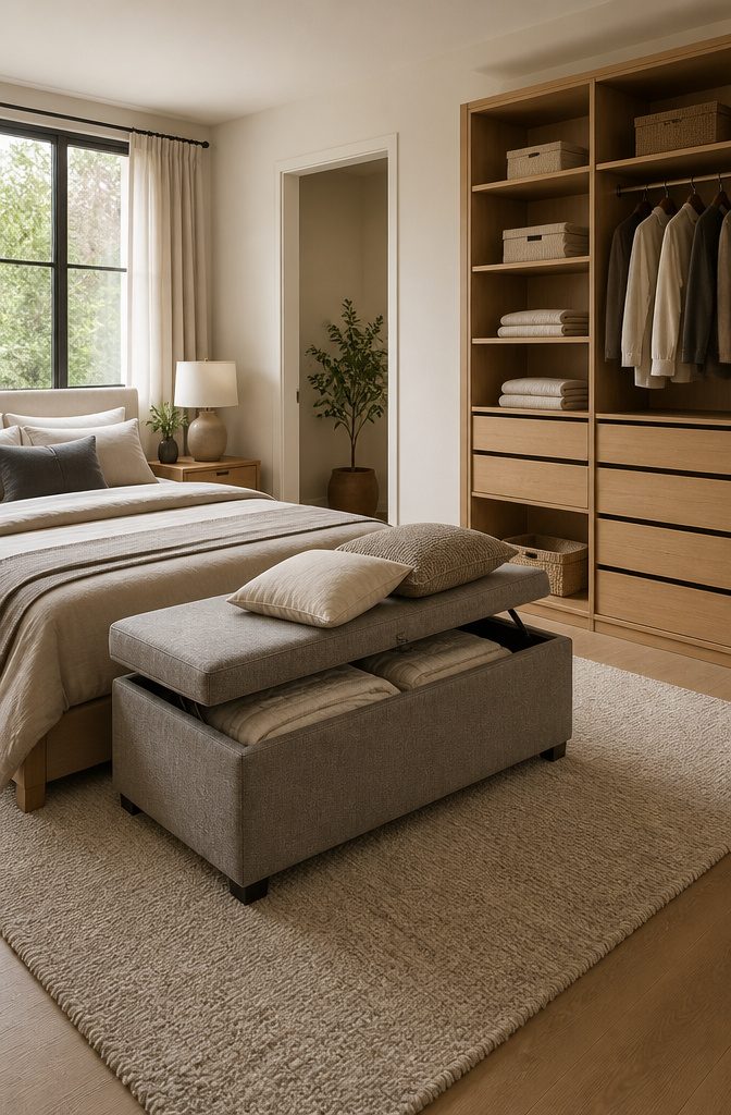 A bed with drawers underneath, showcasing a clean bedroom space.