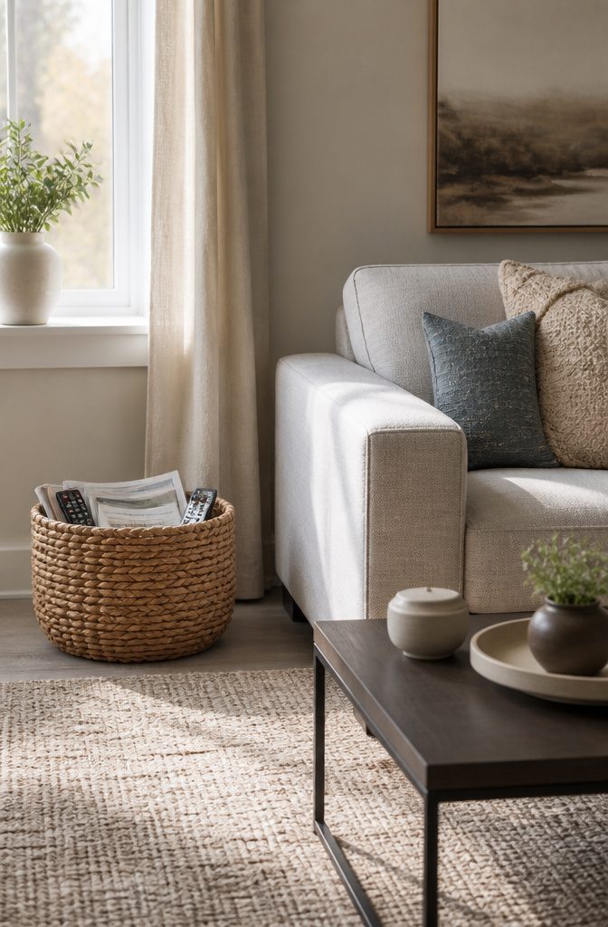 A woven basket holding remotes in a cozy living room.