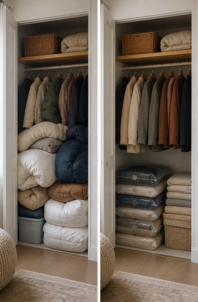 Vacuum storage bags filled with comforters and jackets.