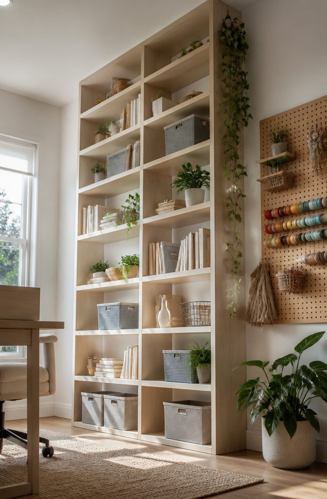 Wall-mounted shelves with mesh baskets and books in an office.