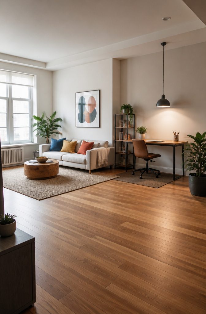 A room divided into zones by rugs and furniture placement.