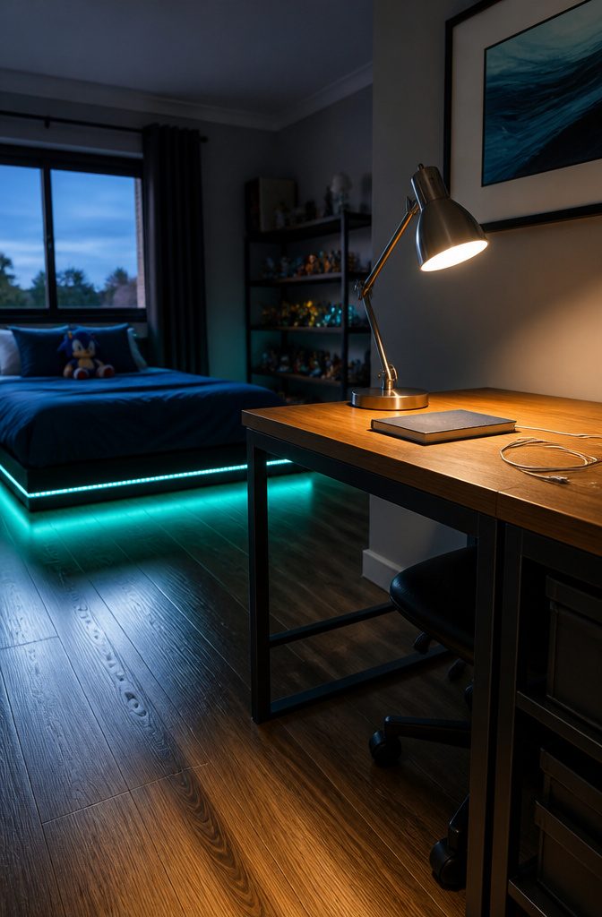 Blue LED strip lighting along a child’s bed frame and shelves