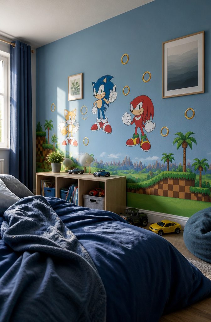 Sonic Tails and Knuckles wall decals with golden rings in a child’s bedroom
