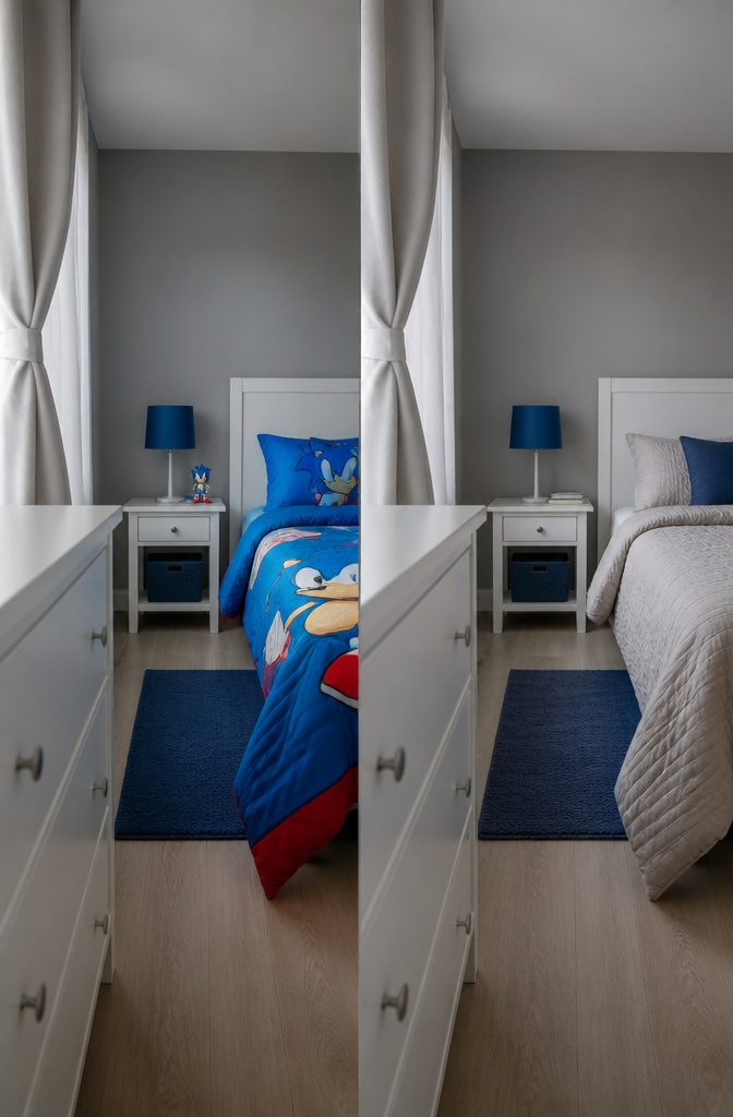Sonic-themed bedding and decor against neutral walls furniture and curtains