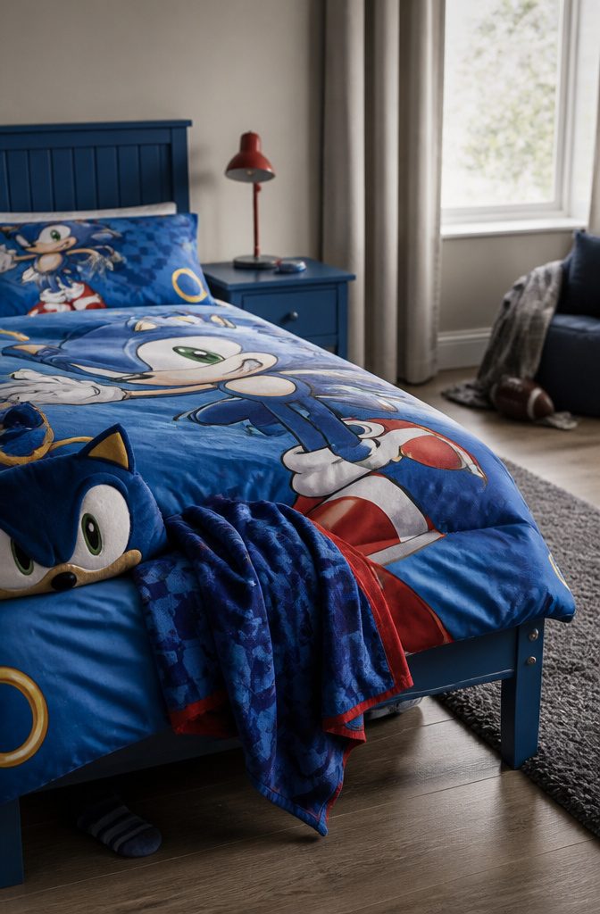Blue bed with Sonic-print comforter matching pillowcases graphic cushion and folded throw blanket