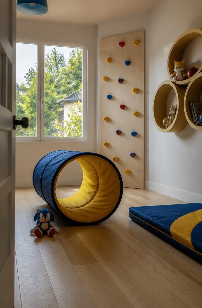 Soft play tunnel colorful climbing holds and gold ring-shaped shelf in a child’s bedroom