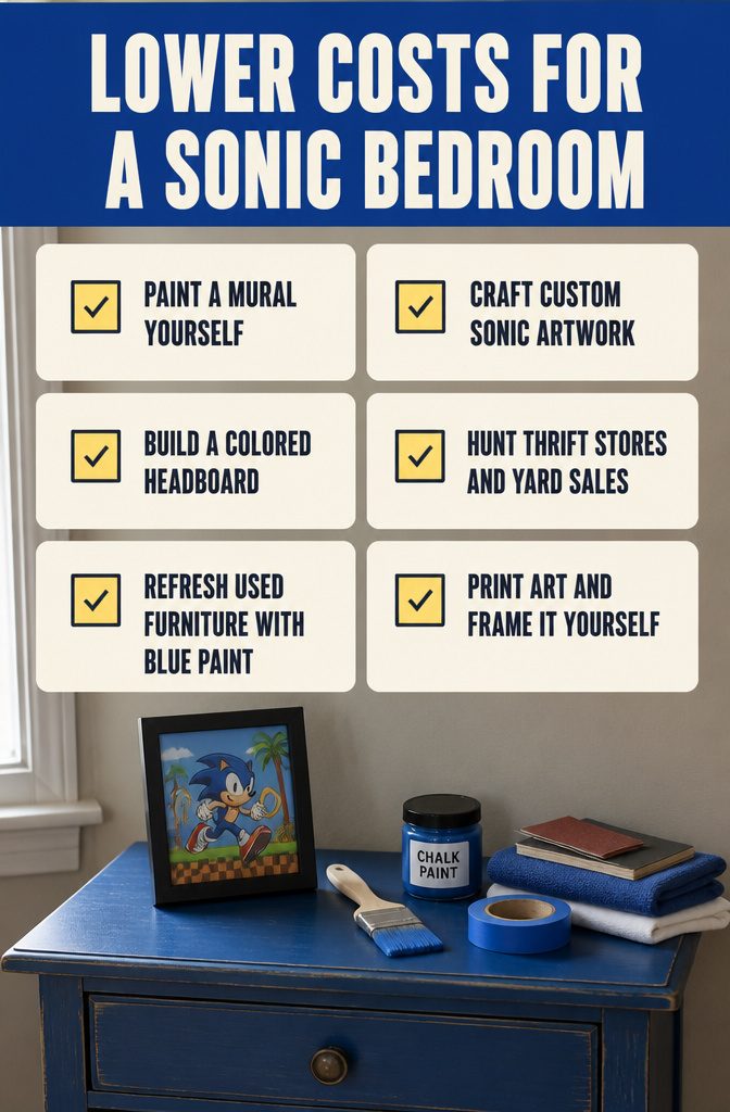 Infographic titled Lower Costs for a Sonic Bedroom with DIY and secondhand tips