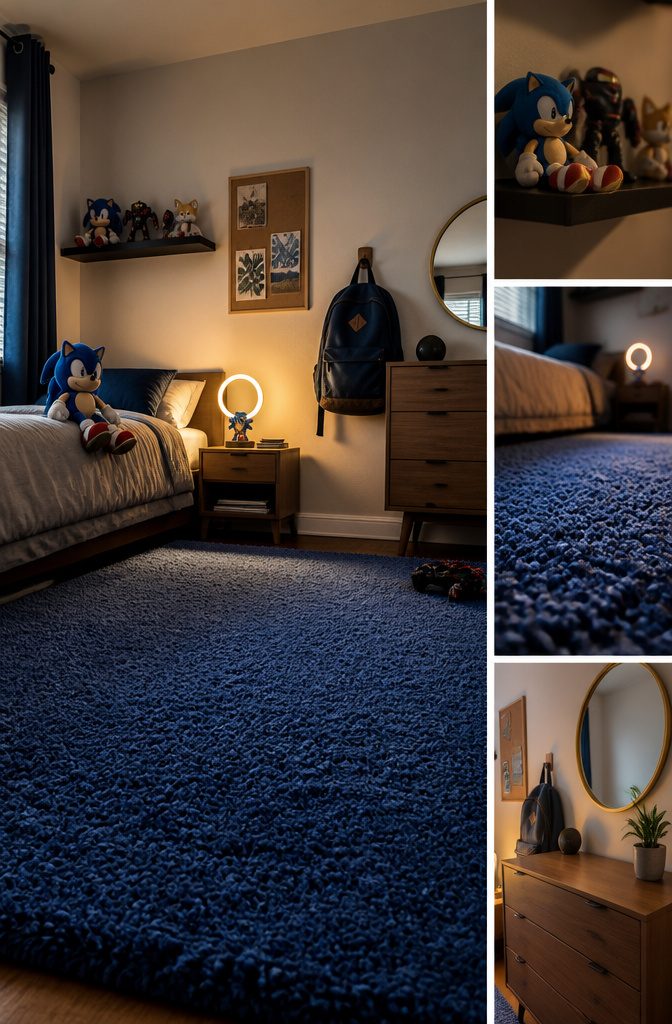 Blue rug Sonic plush toy and round gold mirrors in a child’s bedroom