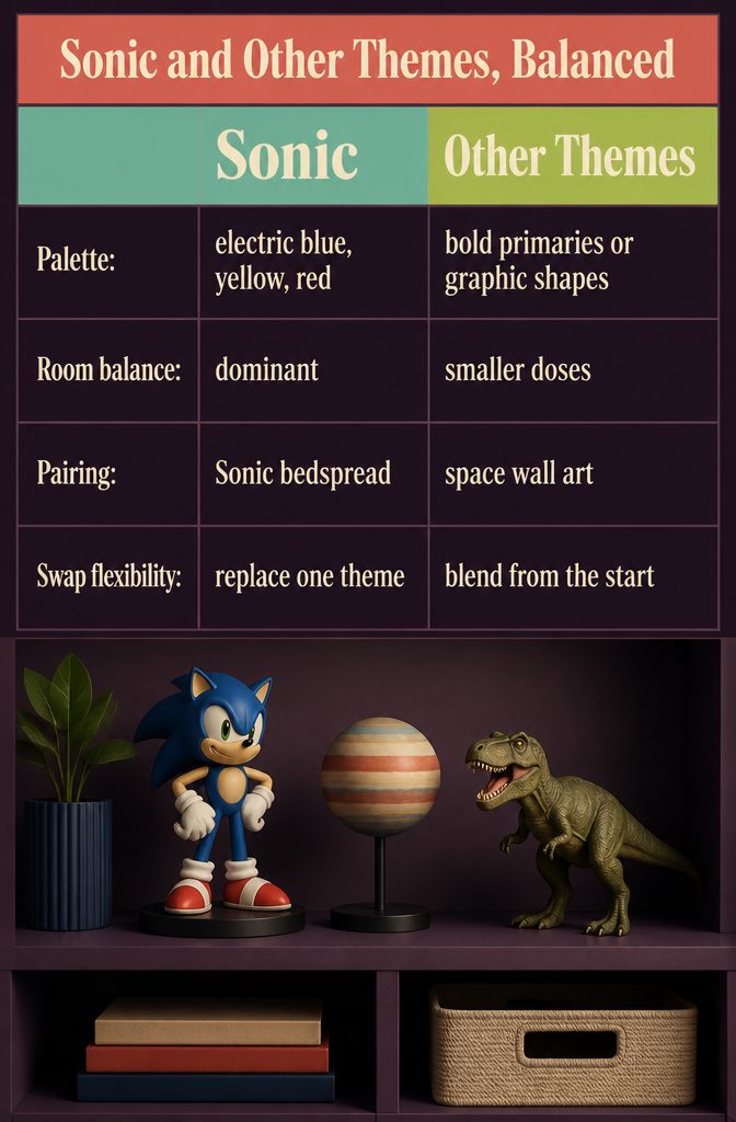 Infographic titled Sonic and Other Themes Balanced with ideas for mixing room decor