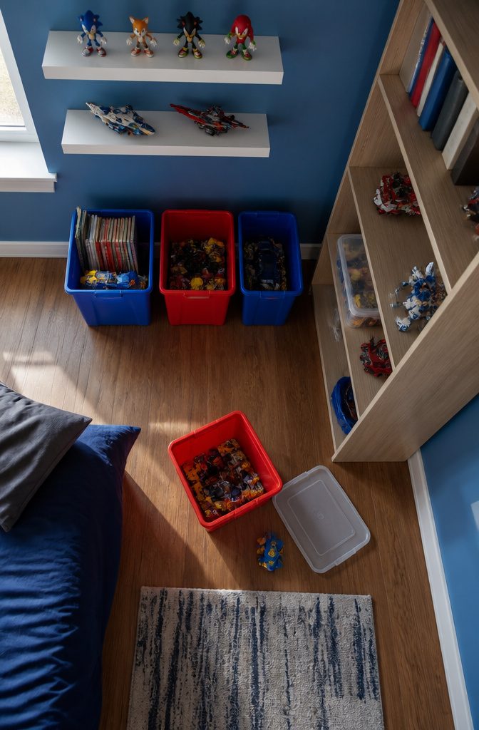 Blue and red storage bins beneath shelves displaying toys and games