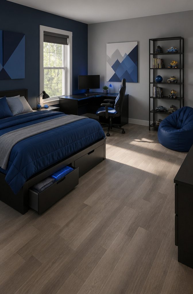 Child’s bedroom with platform bed corner computer desk and gaming chair