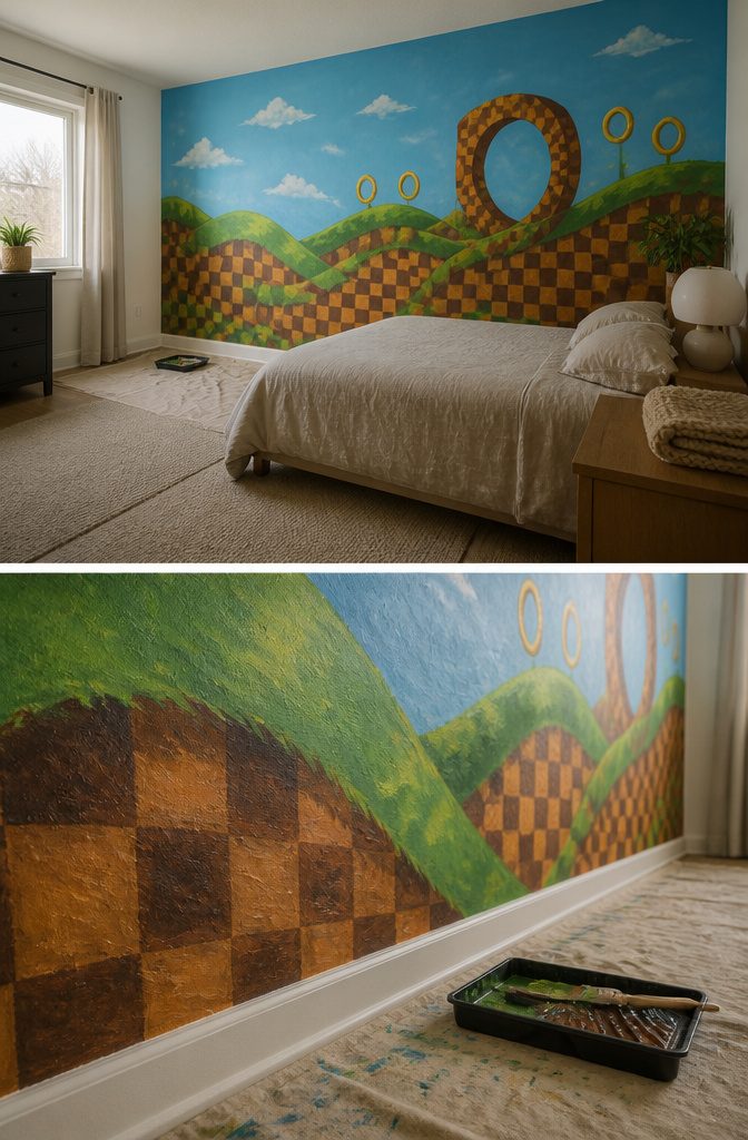 Green Hill Zone mural with green hills blue sky loop and golden rings