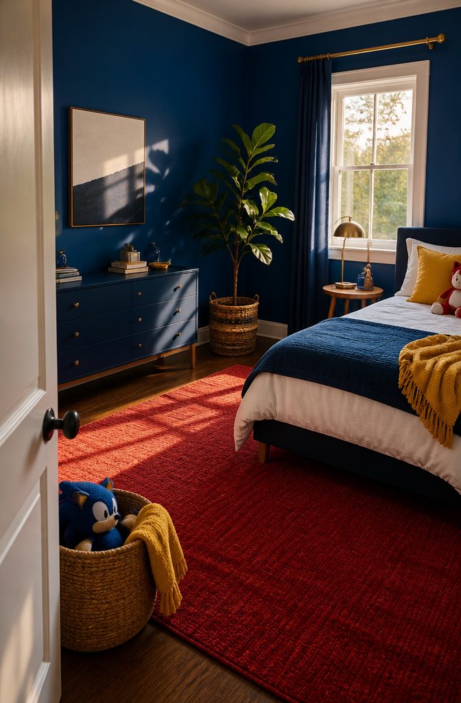 Sonic-inspired bedroom with royal-blue walls red rug yellow pillows white bedding and a leafy floor plant