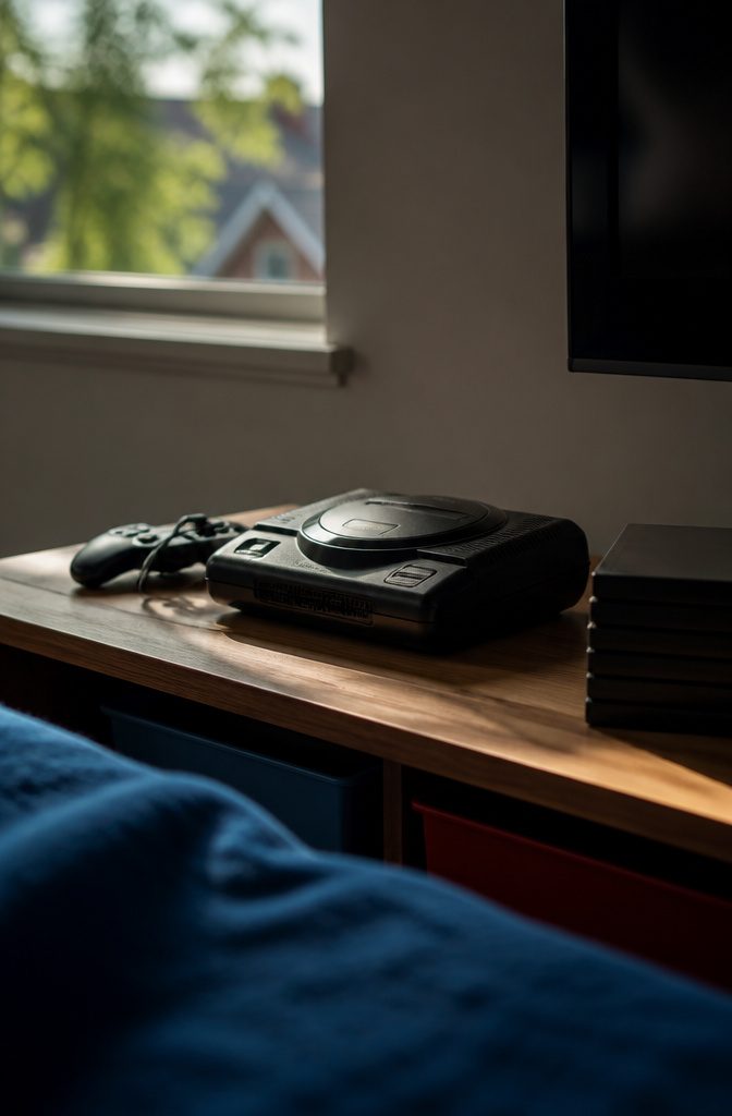 Sega console beside Sonic the Hedgehog game memorabilia