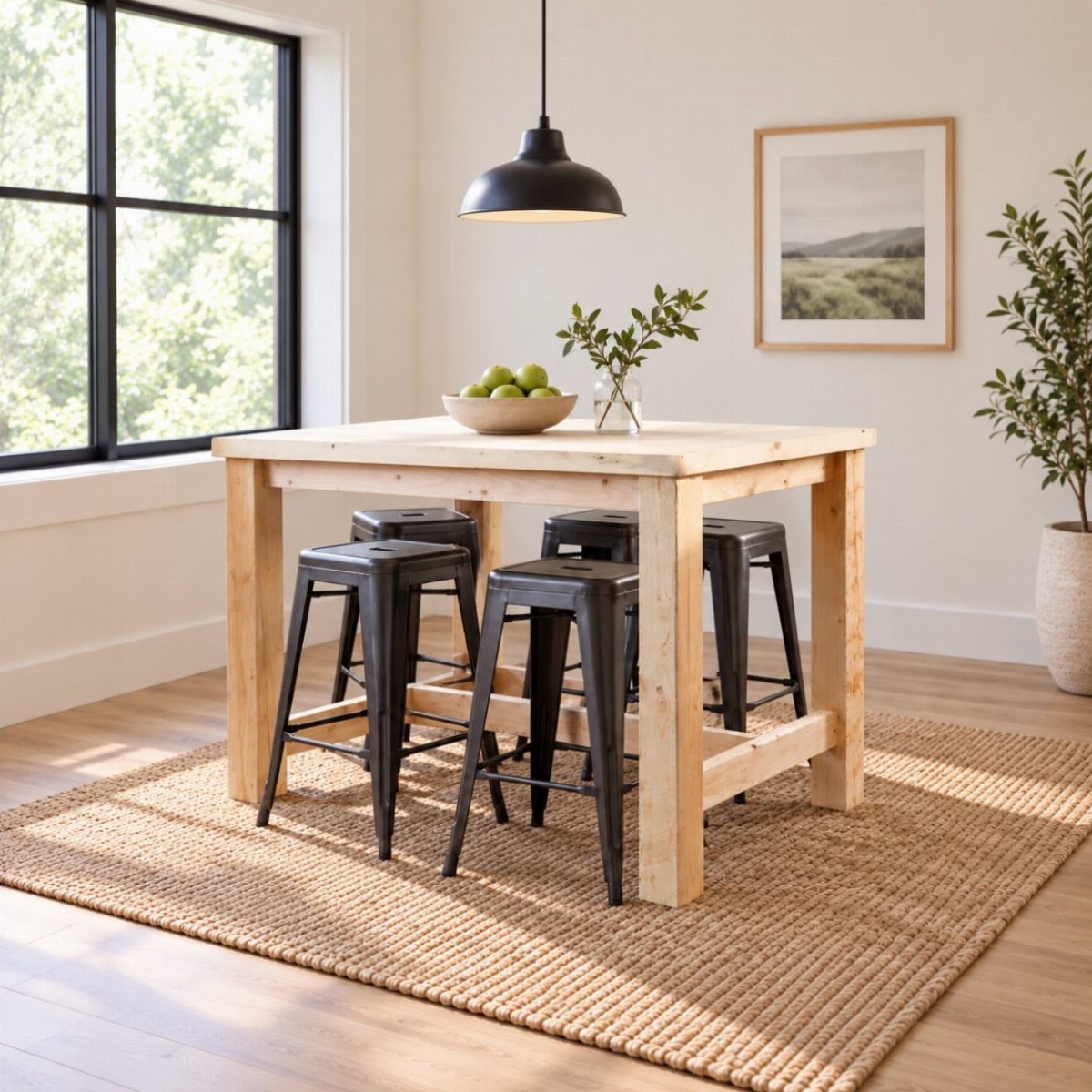 Light wood farmhouse table with black metal stools on a woven rug.