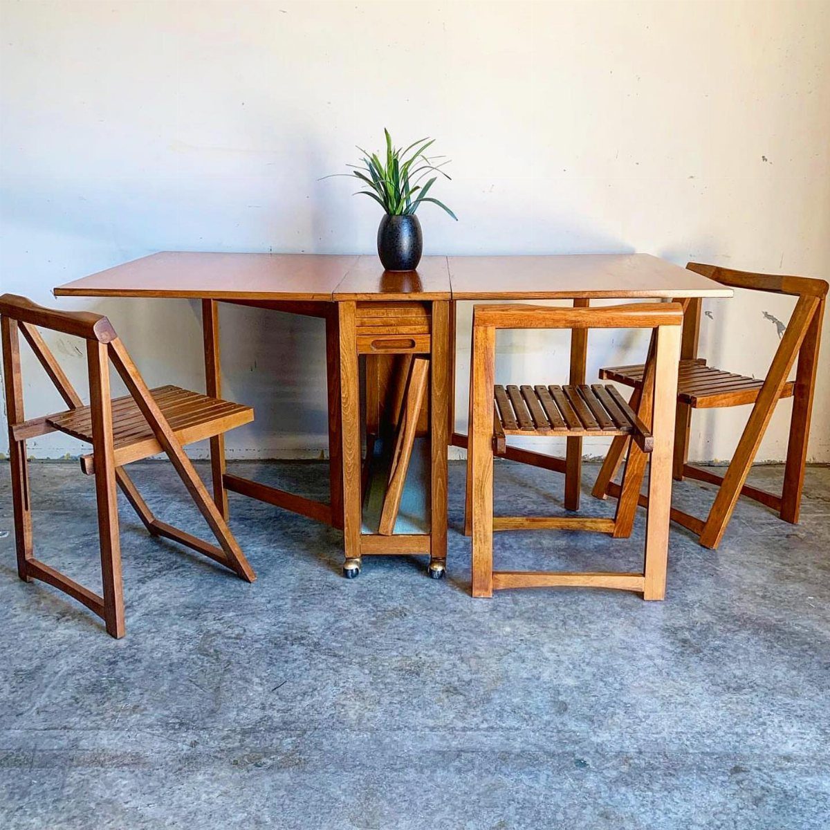 Wooden drop leaf table with matching folding chairs and a small potted plant