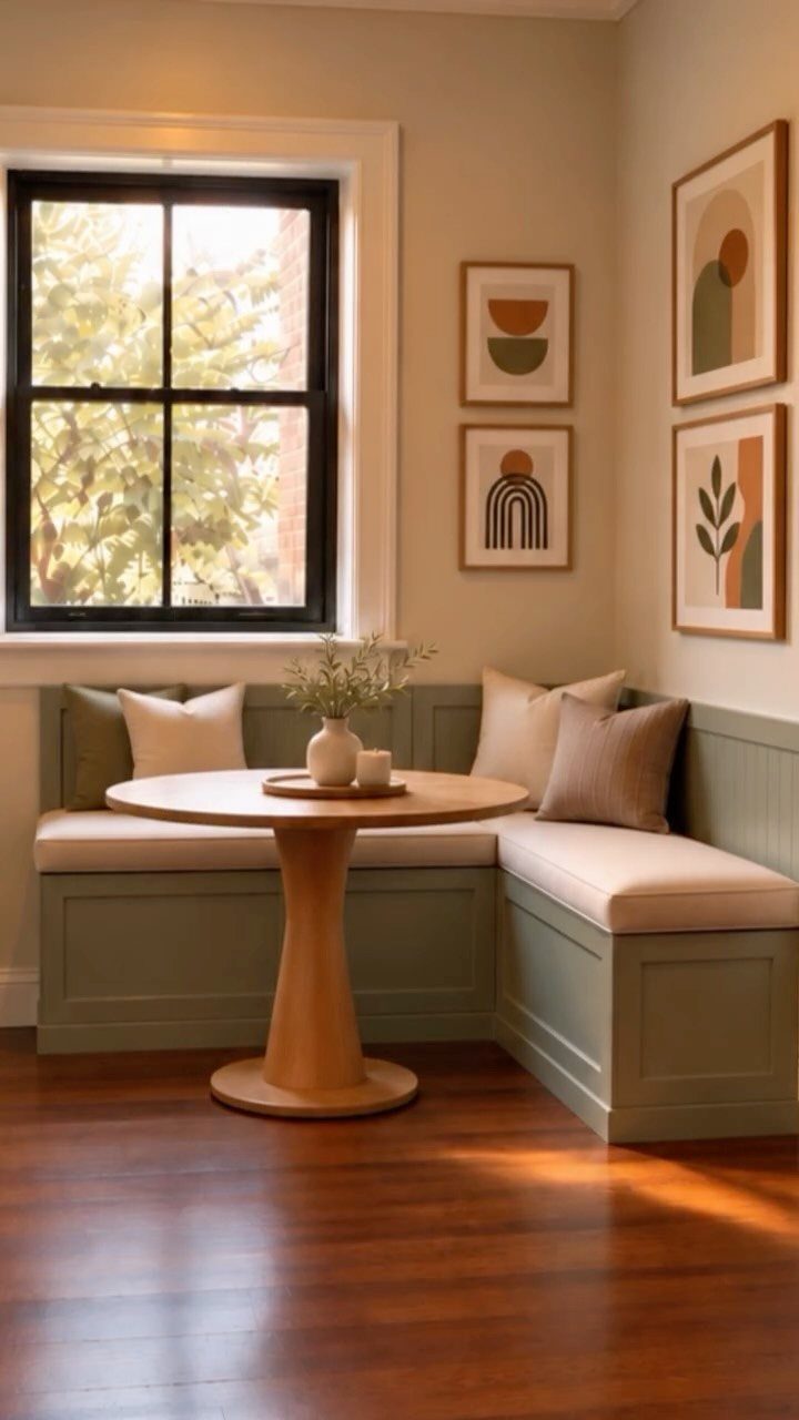 Round wooden pedestal table with a built-in L-shaped green corner bench seat.