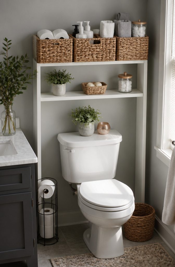 Seagrass baskets filled with toiletries on a storage unit.