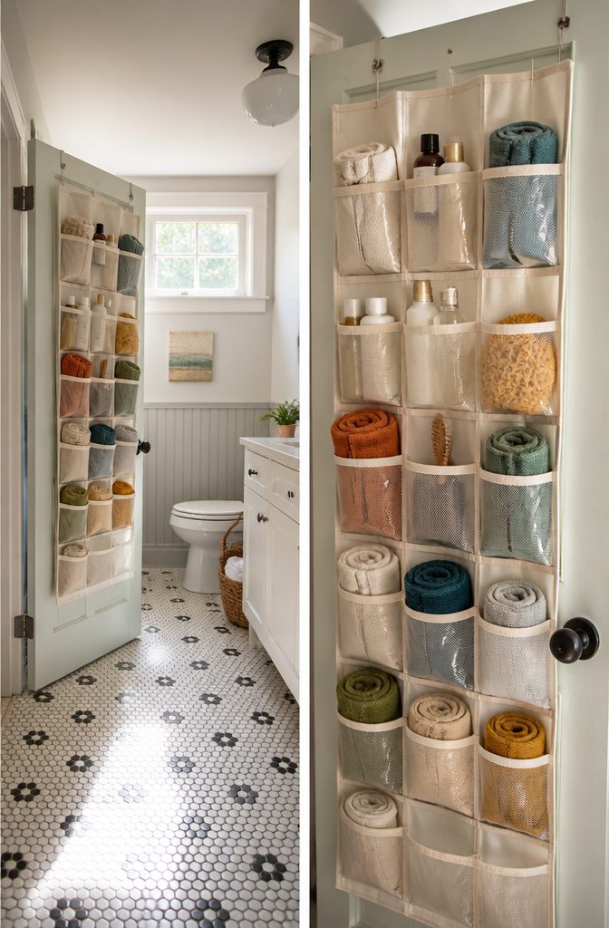 Fabric shoe organizer hanging on a bathroom door.